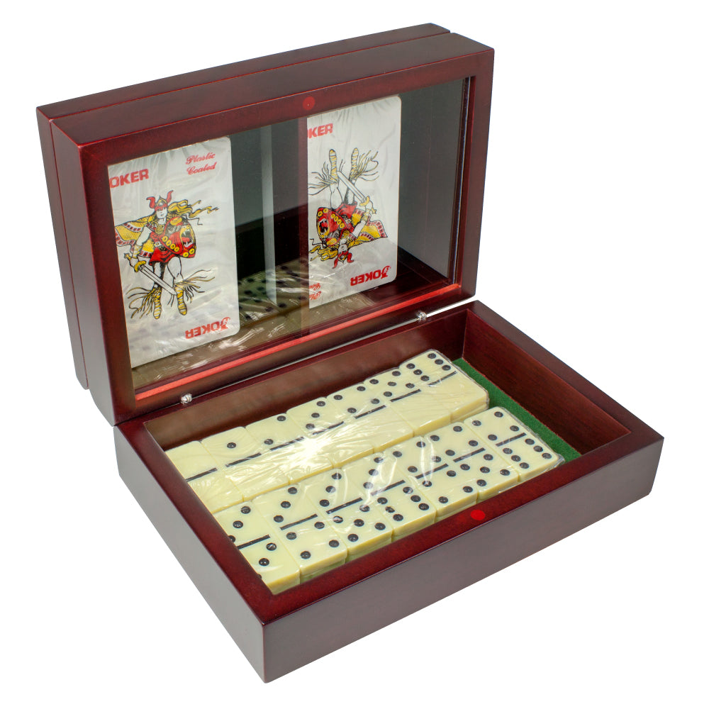 MI-2210  WOODEN DOMINO SET WITH 2 DECKS OF PLAYING CARDS