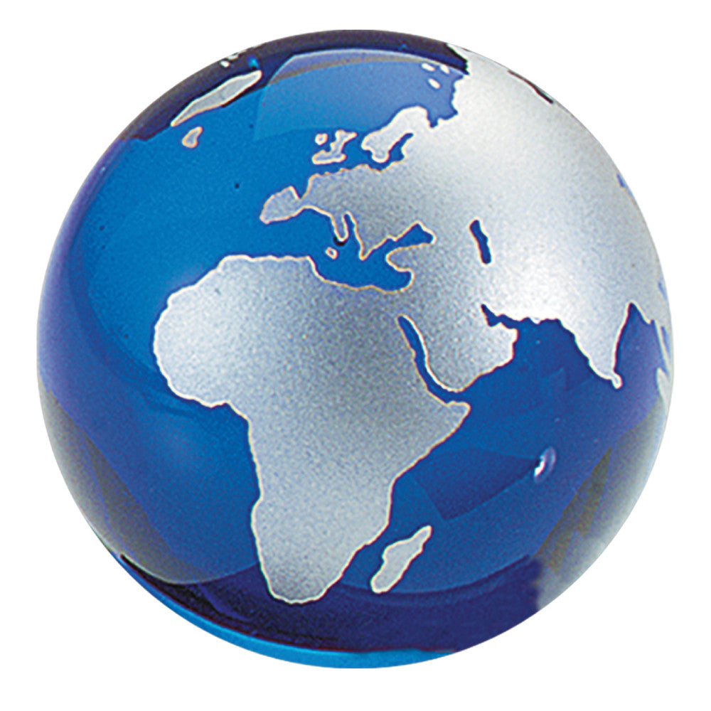 MI-8279B  CRYSTAL GLOBE PAPERWEIGHT - BLUE W/ SILVER